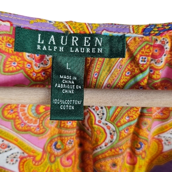 Lauren Ralph Lauren Paisley Ruffle Neck Blouse Womens Sz Large Cotton Casual - Picture 12 of 12
